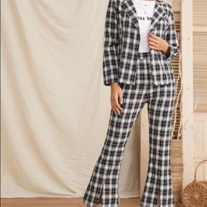 Shein plaid self tie blazer flare leg pants set